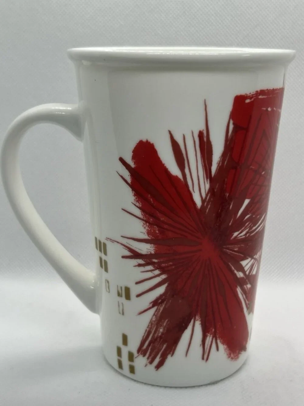 Starbucks Coffee ABSTRACT 12oz Cup Mug White Red Gold 2014 Holiday